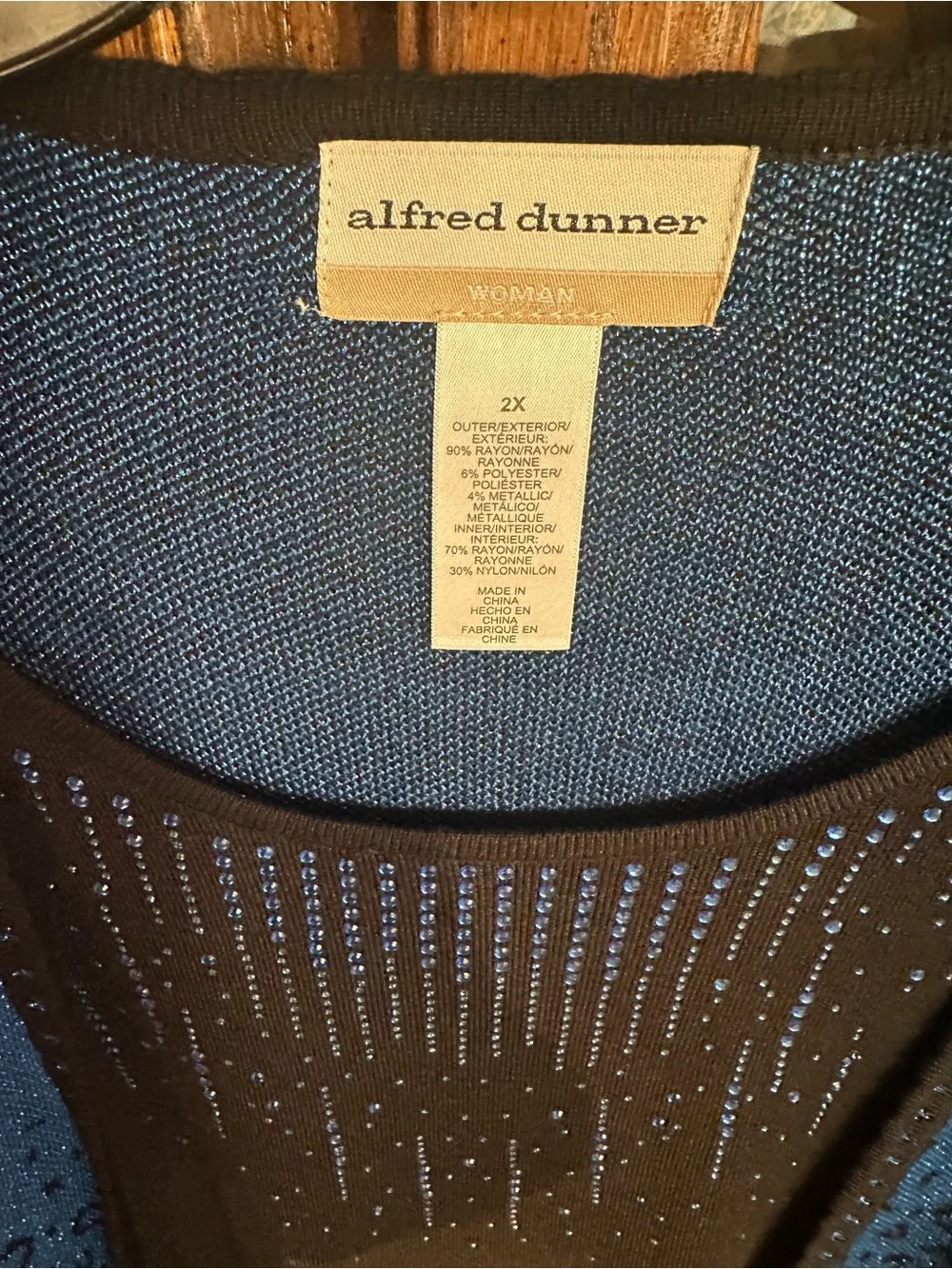 Alfred Dunner Blue and Black Open-Front Cardigan Sweater